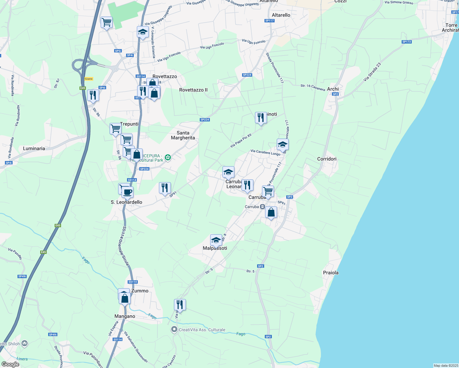 map of restaurants, bars, coffee shops, grocery stores, and more near 7 Via San Martino in Carruba-san Leonardello