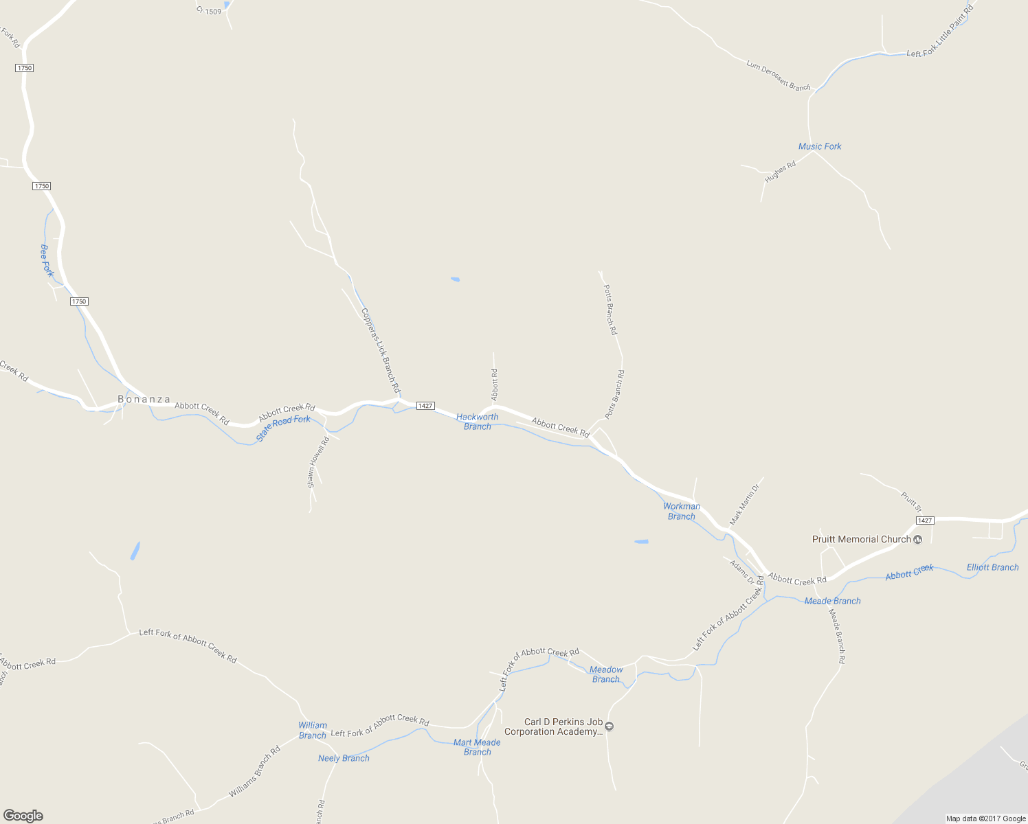 map of restaurants, bars, coffee shops, grocery stores, and more near Abbott Creek Road in Prestonsburg