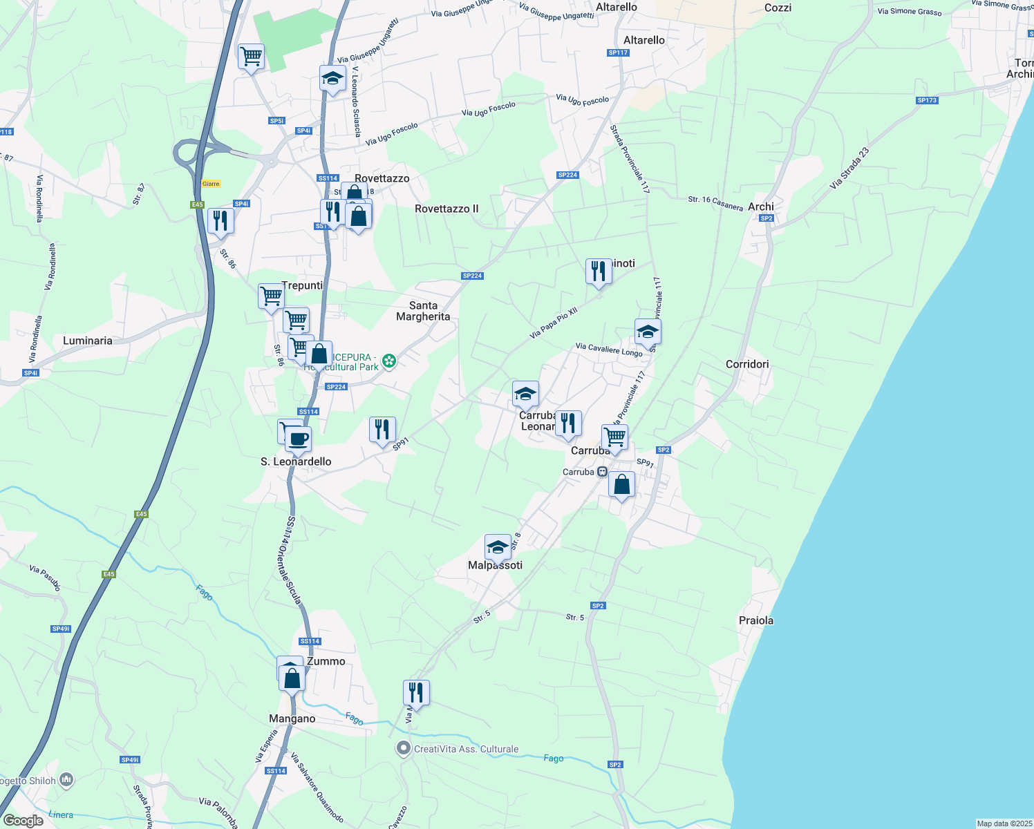 map of restaurants, bars, coffee shops, grocery stores, and more near 7 Via San Martino in Carruba-san Leonardello