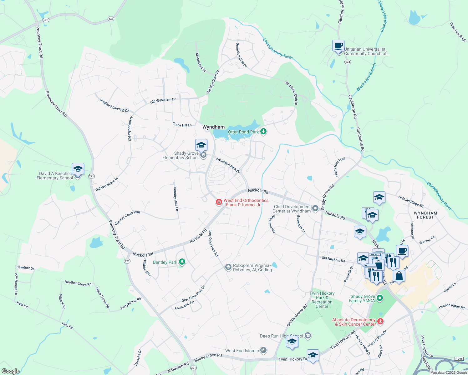 map of restaurants, bars, coffee shops, grocery stores, and more near 5430 Fuller Drive in Glen Allen
