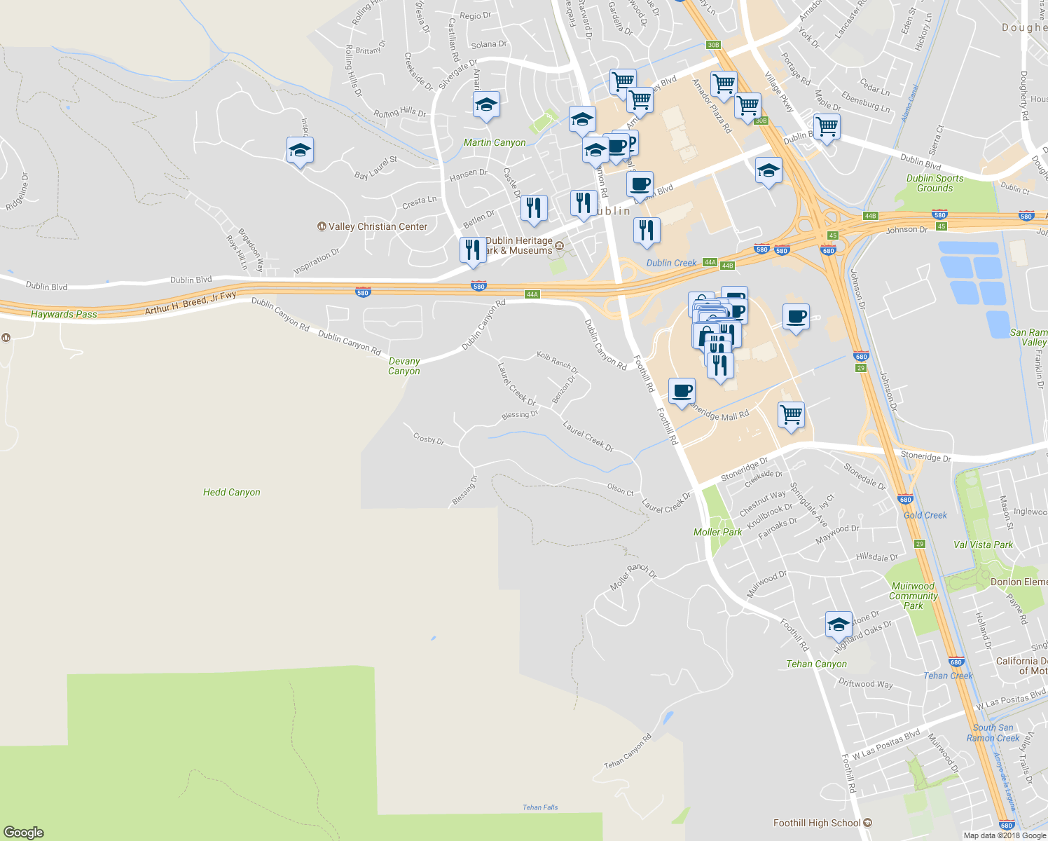 map of restaurants, bars, coffee shops, grocery stores, and more near 9418 Blessing Drive in Pleasanton