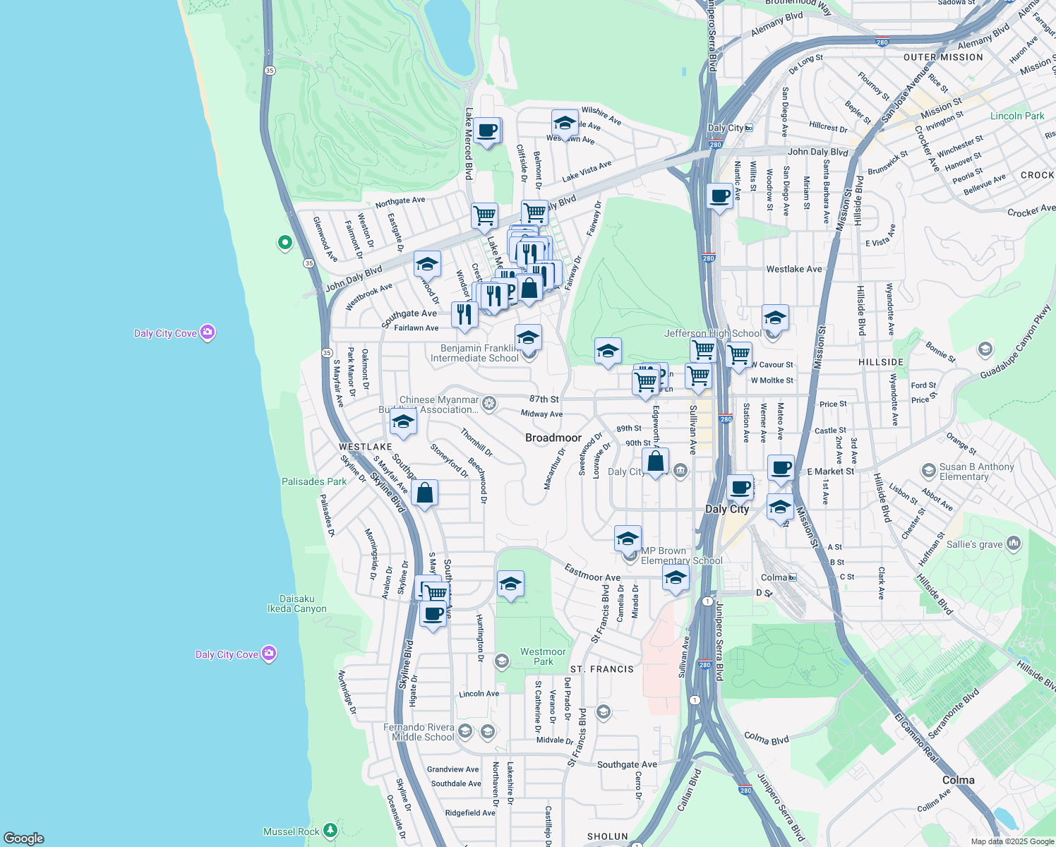 map of restaurants, bars, coffee shops, grocery stores, and more near 635 Manila Way in Daly City