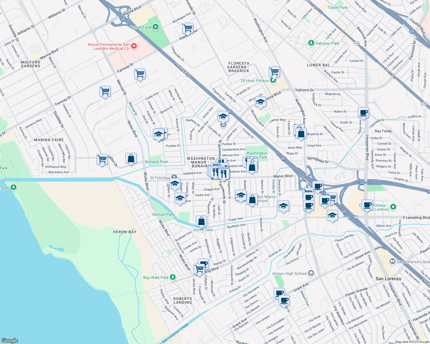 map of restaurants, bars, coffee shops, grocery stores, and more near 1280 Hubbard Ave in San Leandro