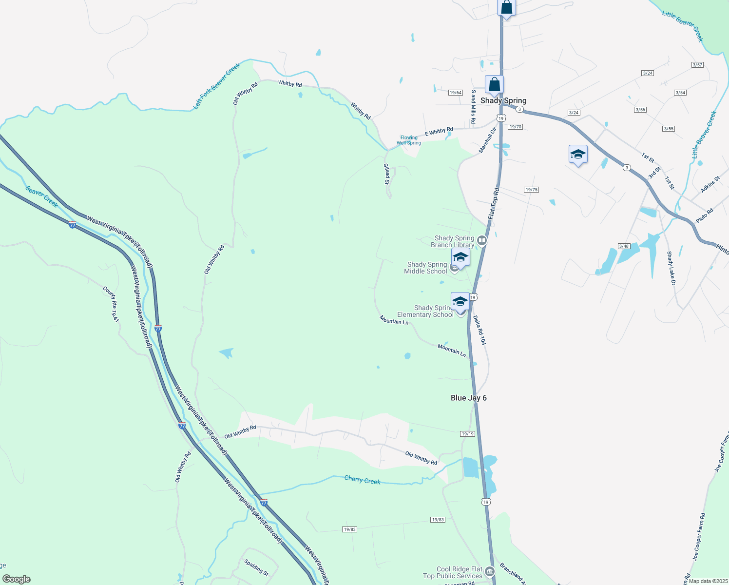 map of restaurants, bars, coffee shops, grocery stores, and more near 383 Mountain Lane in Shady Spring