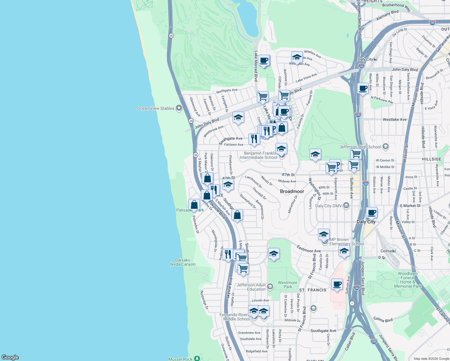 map of restaurants, bars, coffee shops, grocery stores, and more near 1063 87th St in Daly City