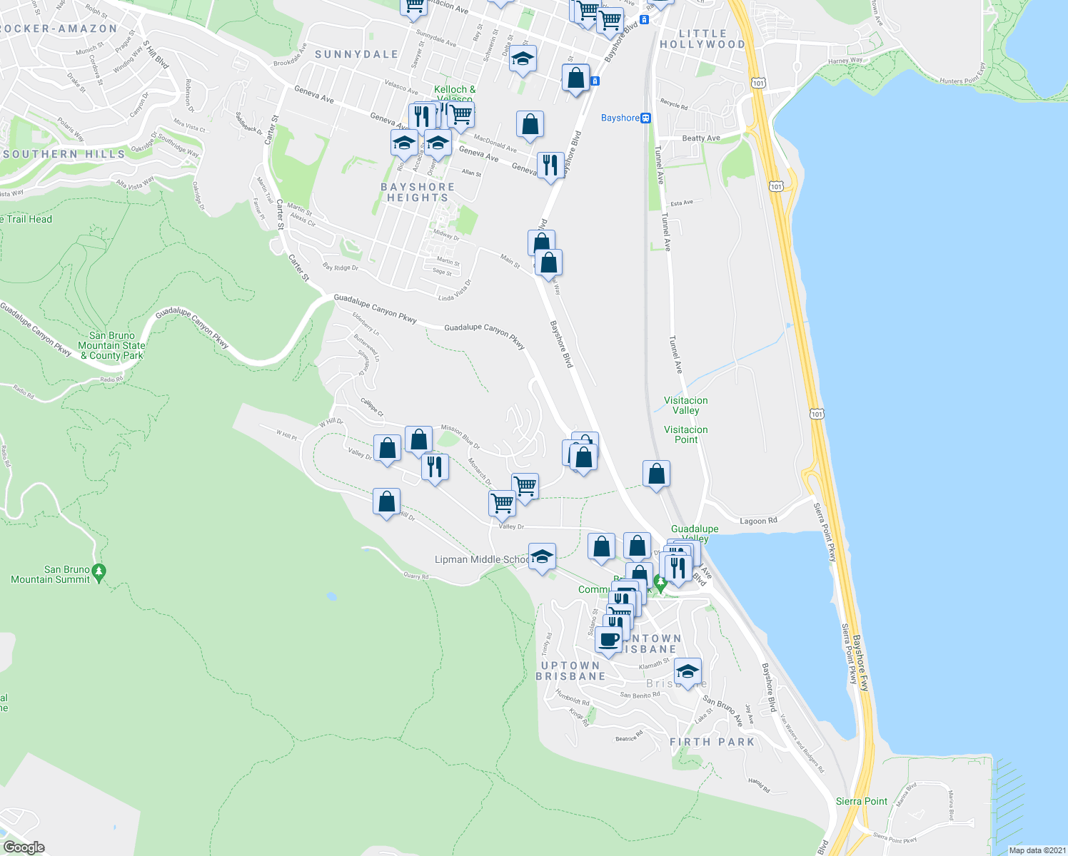 map of restaurants, bars, coffee shops, grocery stores, and more near 165 Golden Eagle Lane in Brisbane