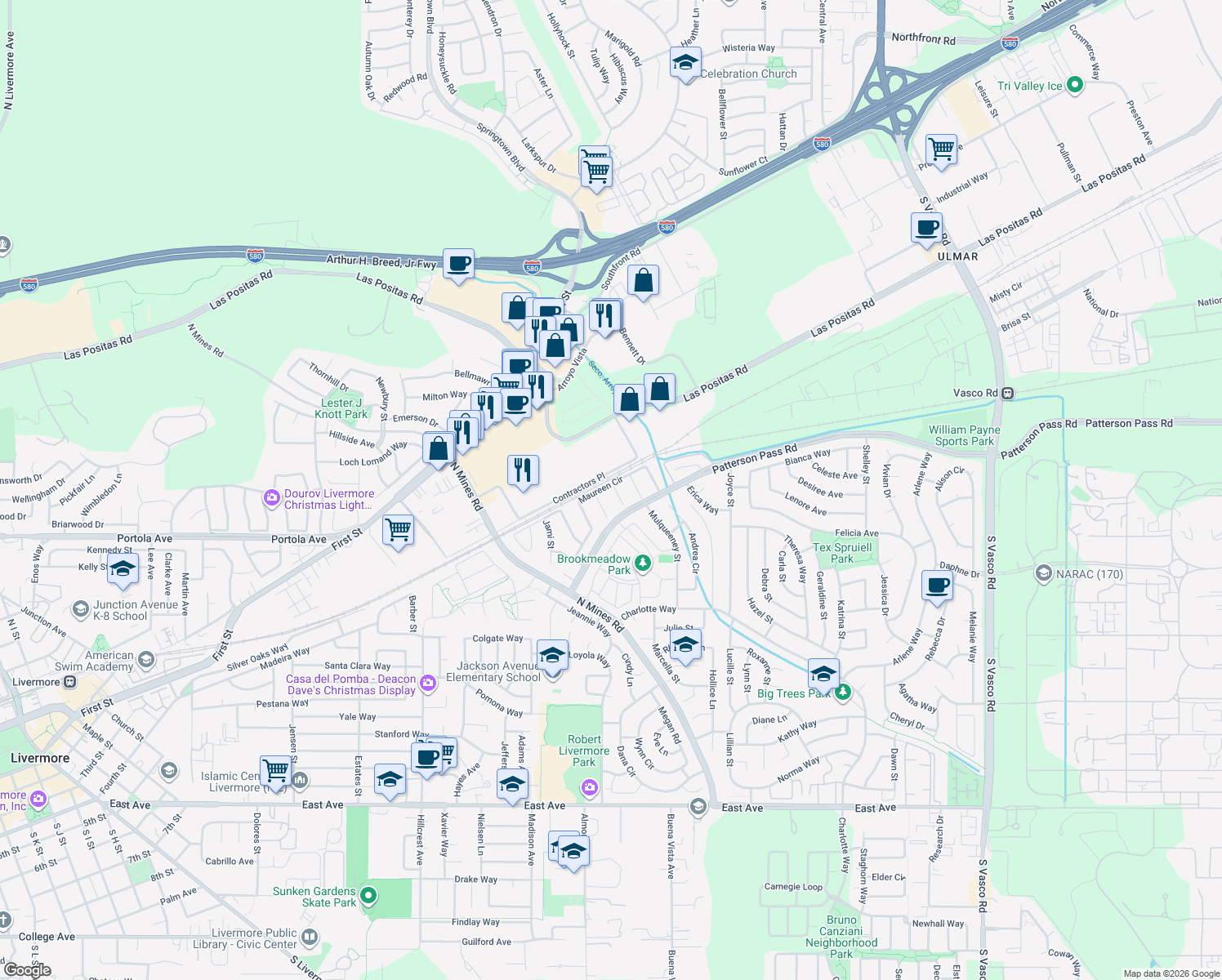 map of restaurants, bars, coffee shops, grocery stores, and more near 4861 Maureen Circle in Livermore