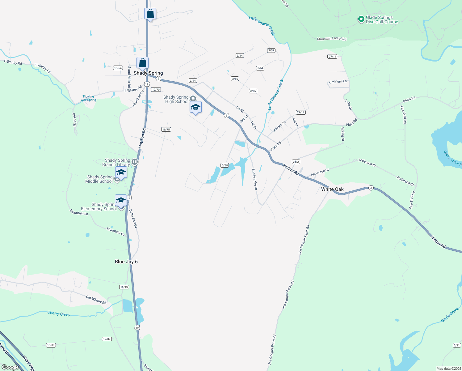 map of restaurants, bars, coffee shops, grocery stores, and more near 124 N Kimberly St in Shady Spring