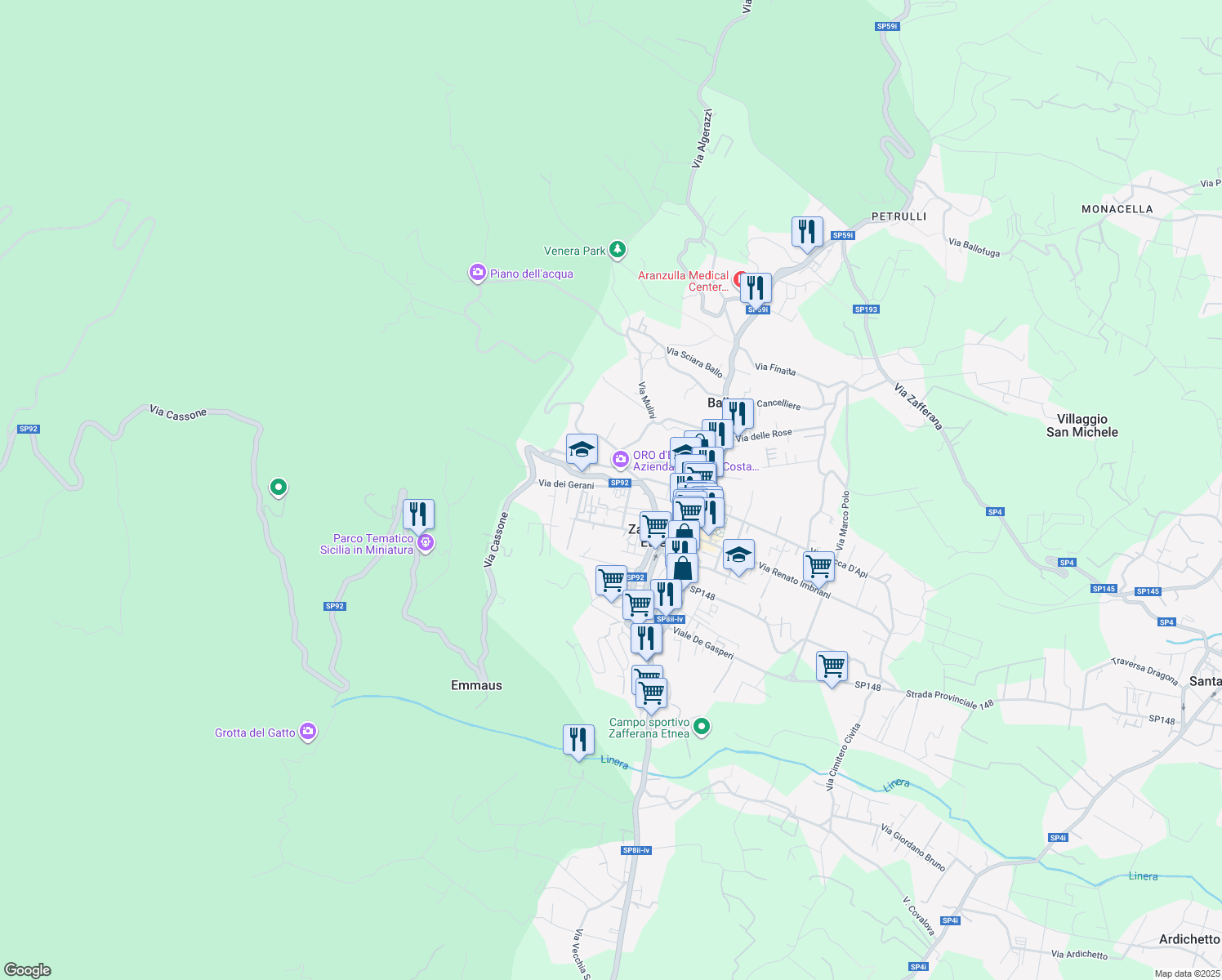 map of restaurants, bars, coffee shops, grocery stores, and more near 1 Via dei Gerani in Zafferana Etnea
