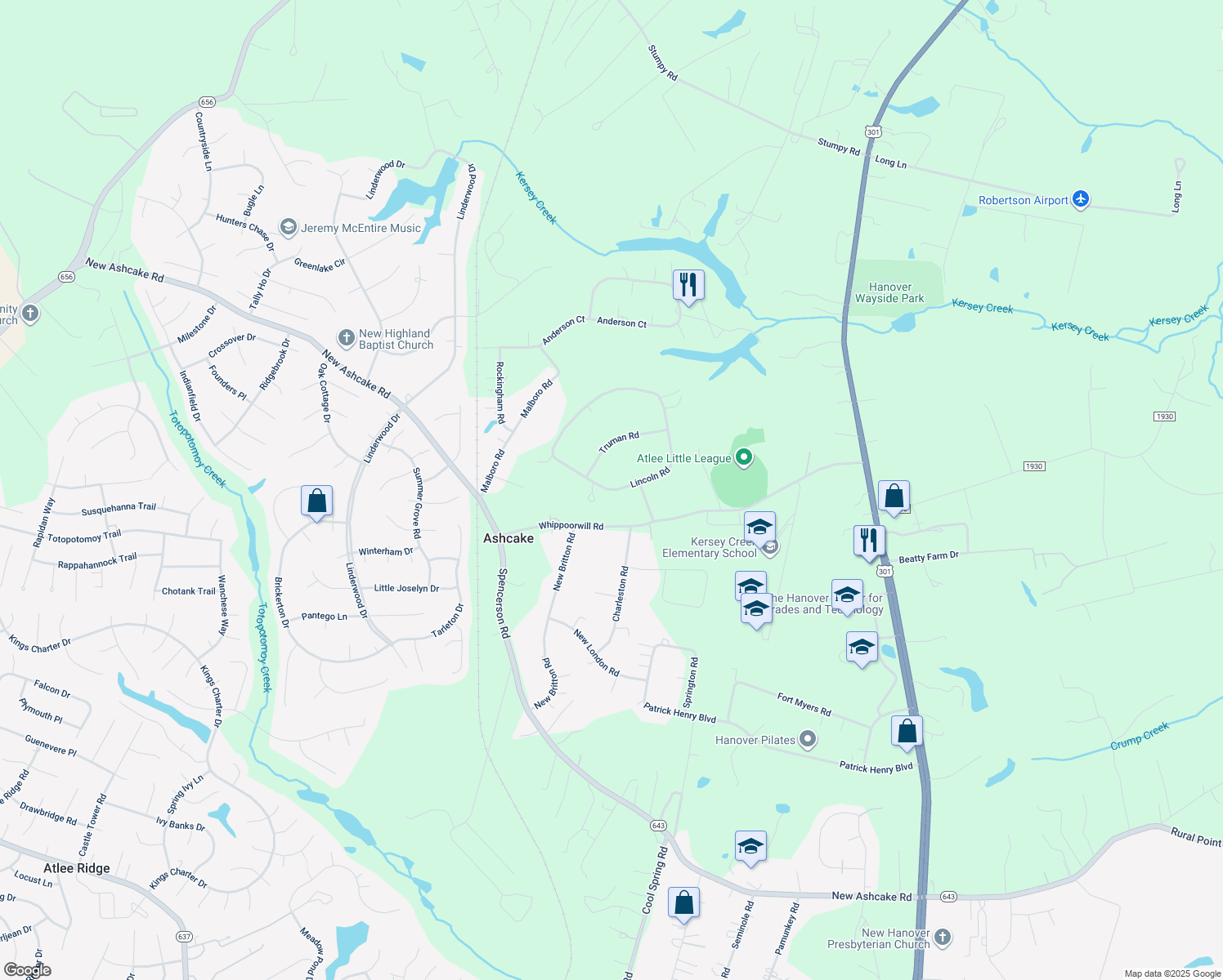 map of restaurants, bars, coffee shops, grocery stores, and more near 8618 Lincoln Road in Mechanicsville