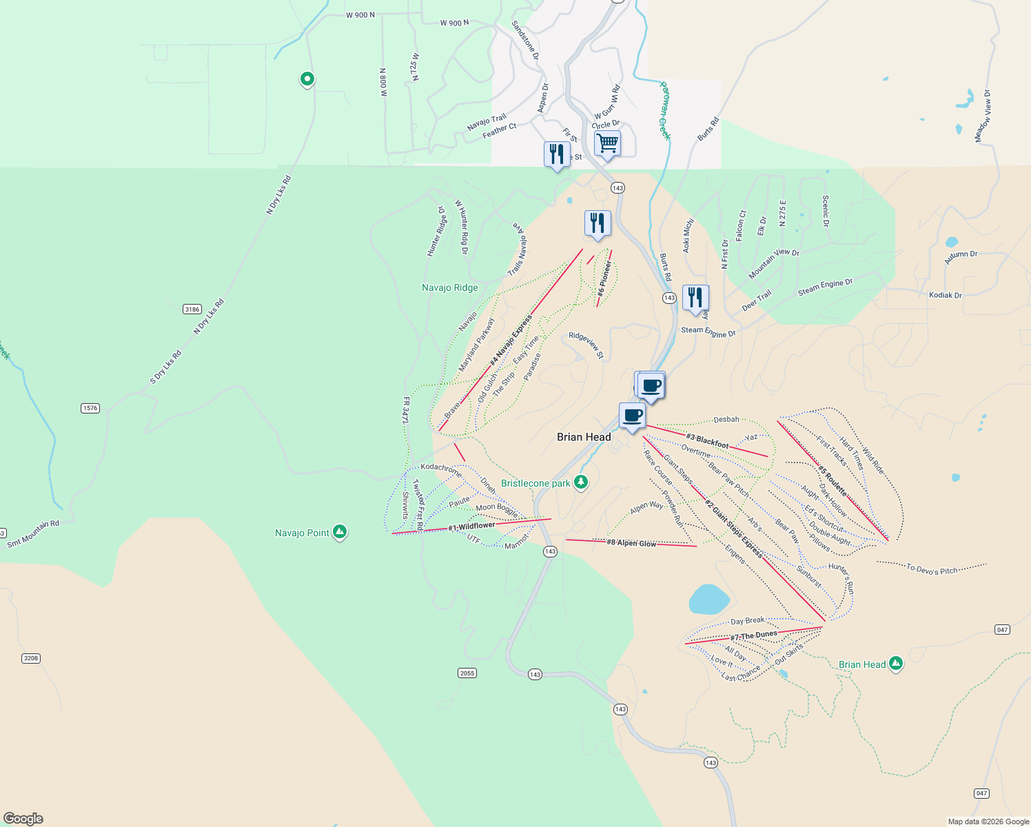 map of restaurants, bars, coffee shops, grocery stores, and more near 406 Ridgeview Street in Brian Head