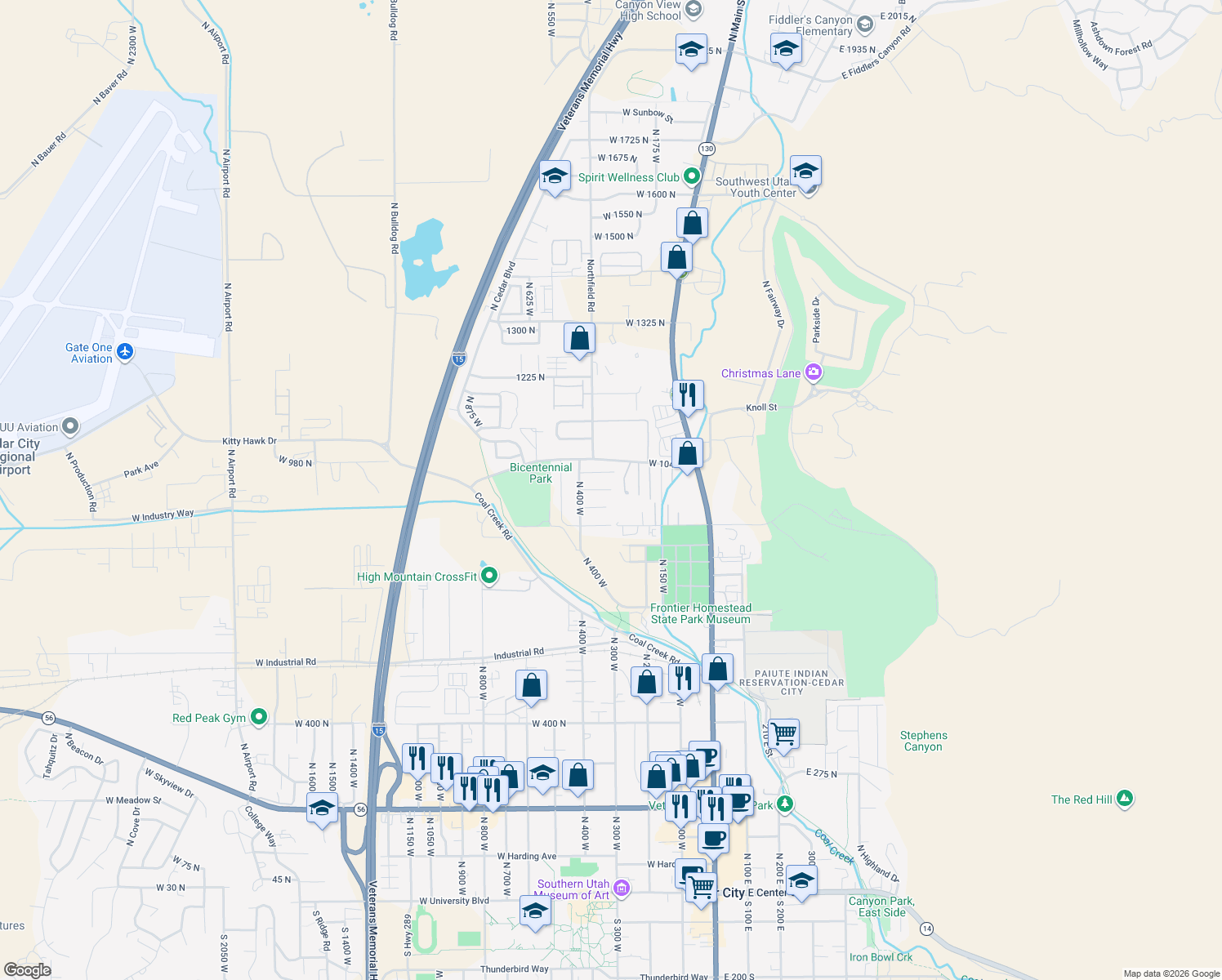 map of restaurants, bars, coffee shops, grocery stores, and more near West 970 North in Cedar City