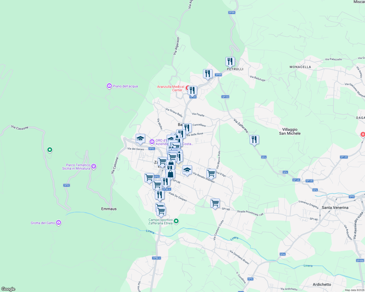 map of restaurants, bars, coffee shops, grocery stores, and more near 2 Via Libertà in Zafferana Etnea
