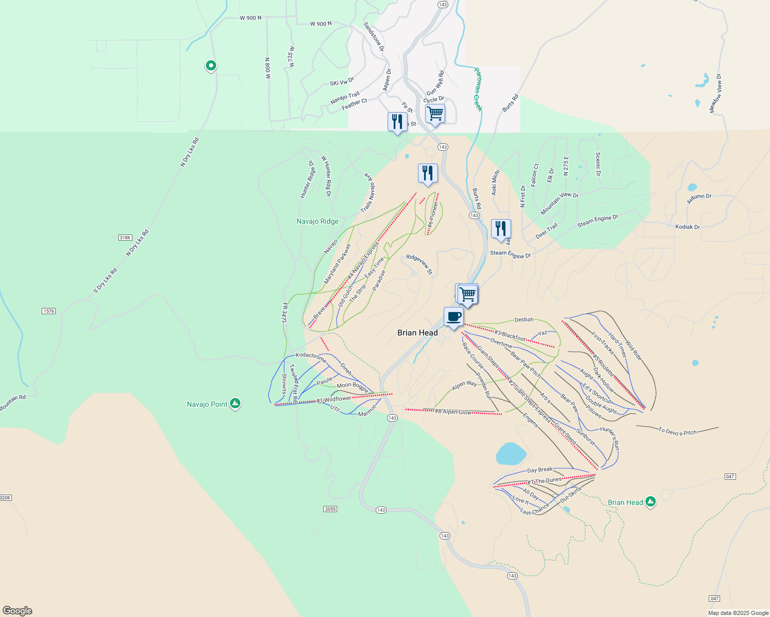 map of restaurants, bars, coffee shops, grocery stores, and more near 382 Ridgeview Street in Brian Head