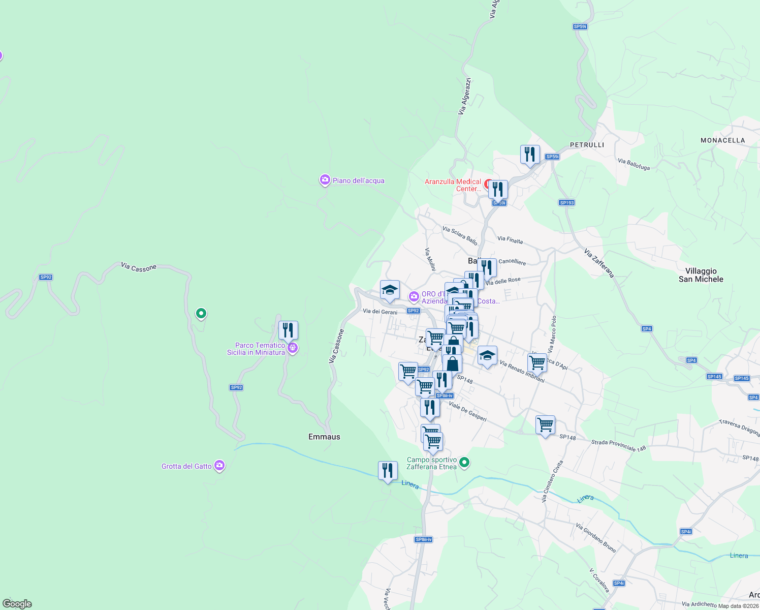 map of restaurants, bars, coffee shops, grocery stores, and more near 62A Via Cassone in Zafferana Etnea