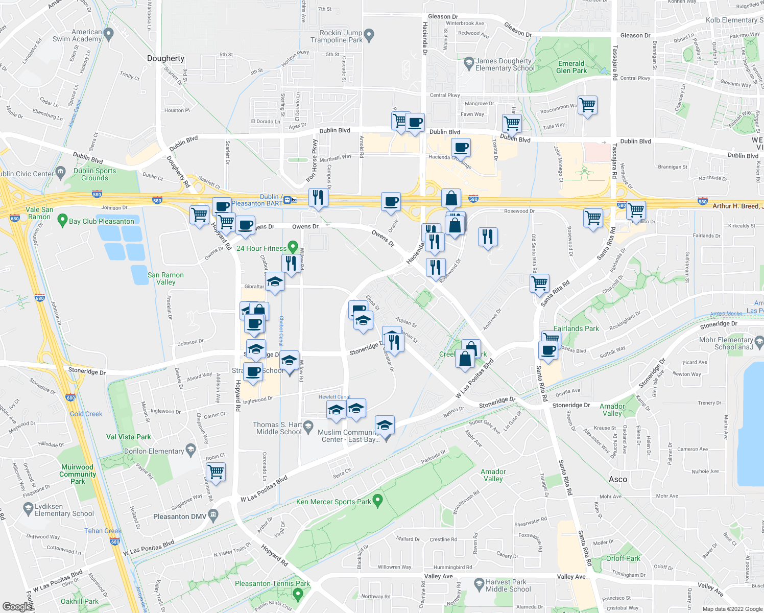 map of restaurants, bars, coffee shops, grocery stores, and more near 3996 Appian Street in Pleasanton