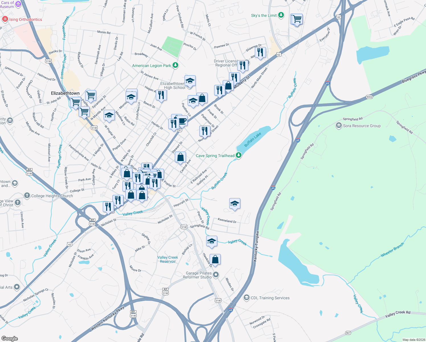map of restaurants, bars, coffee shops, grocery stores, and more near 398 Guthrie Place in Elizabethtown