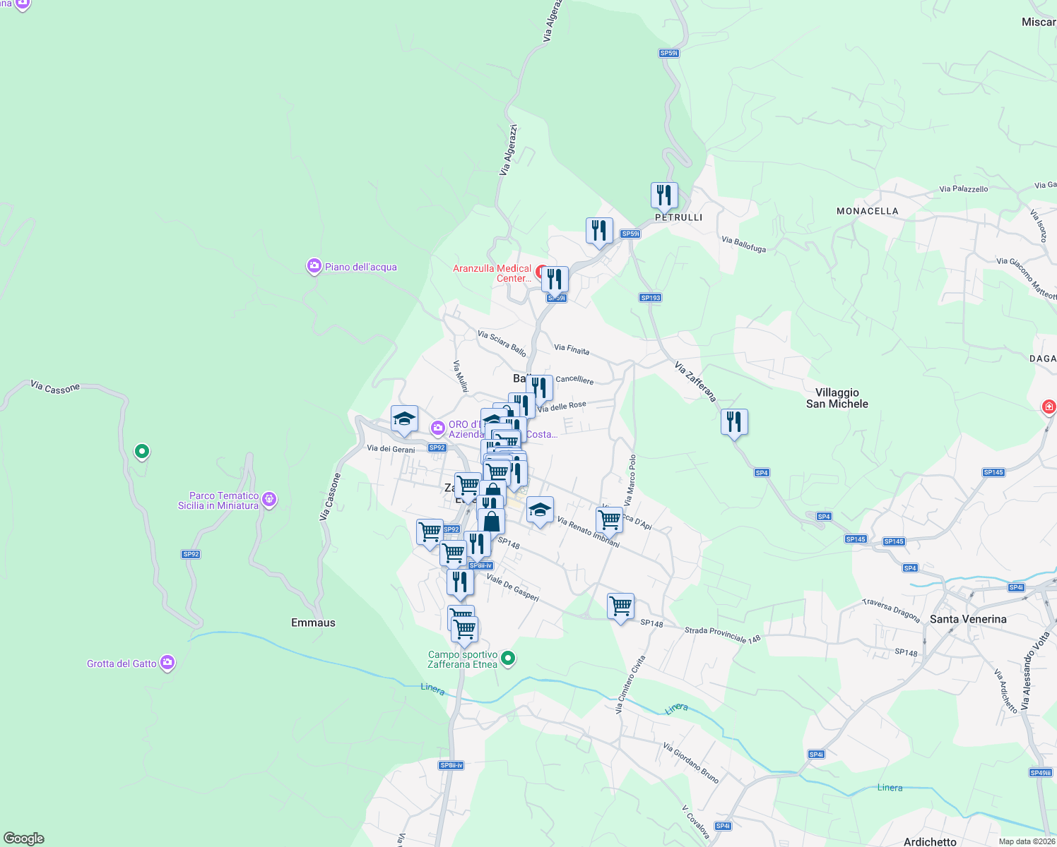 map of restaurants, bars, coffee shops, grocery stores, and more near 2 Via Libertà in Zafferana Etnea