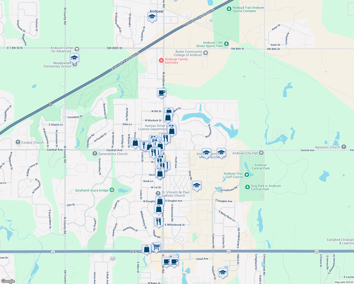 map of restaurants, bars, coffee shops, grocery stores, and more near 224 East Central Avenue in Andover