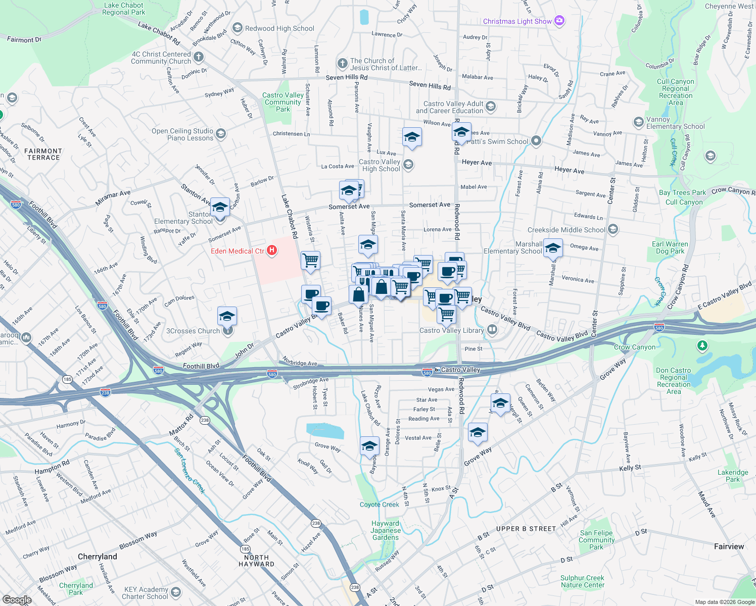 map of restaurants, bars, coffee shops, grocery stores, and more near 3137 Castro Valley Boulevard in Castro Valley