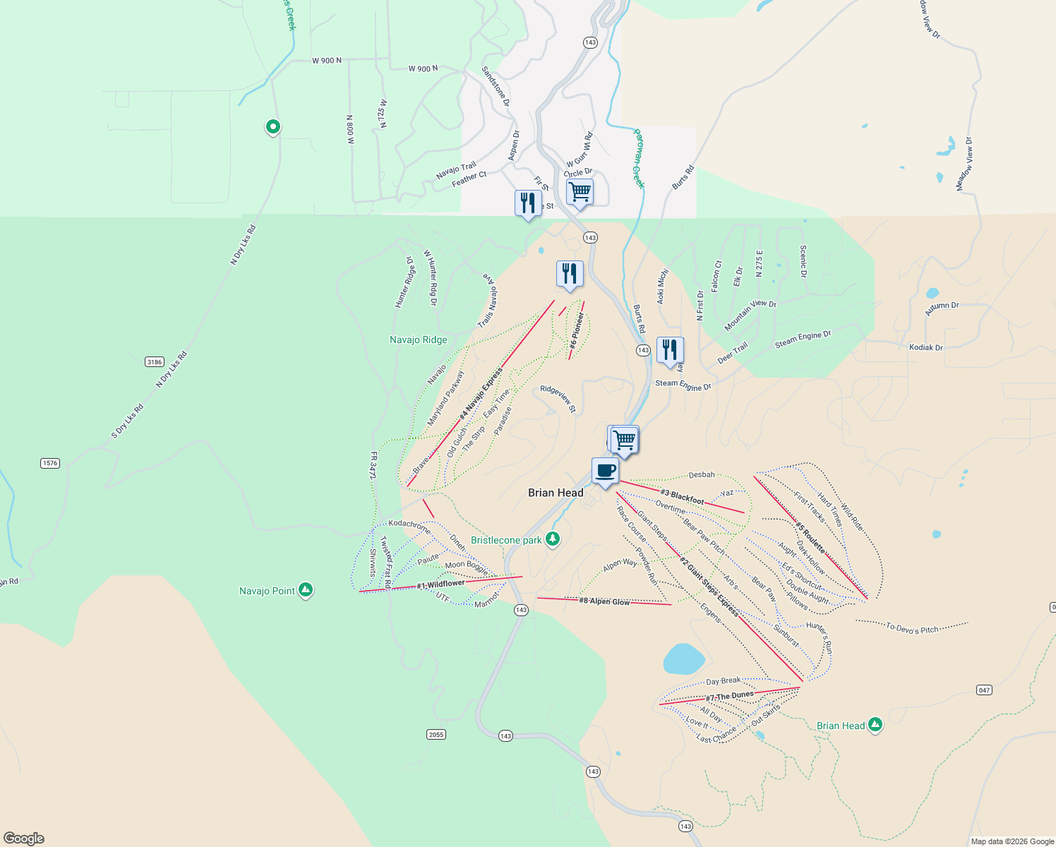 map of restaurants, bars, coffee shops, grocery stores, and more near 309 Ridgeview Street in Brian Head