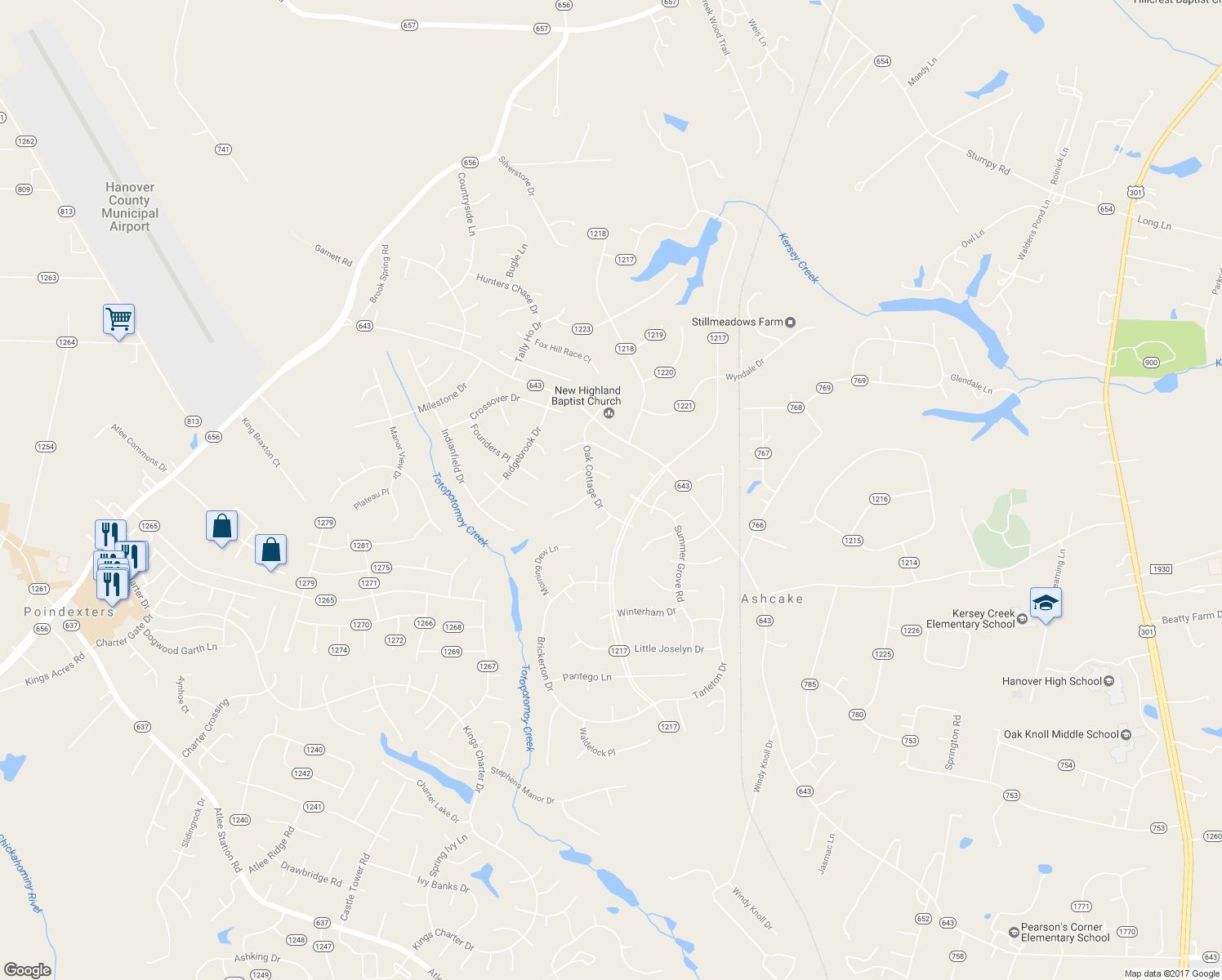 map of restaurants, bars, coffee shops, grocery stores, and more near 9097 Walnut Spring Place in Mechanicsville