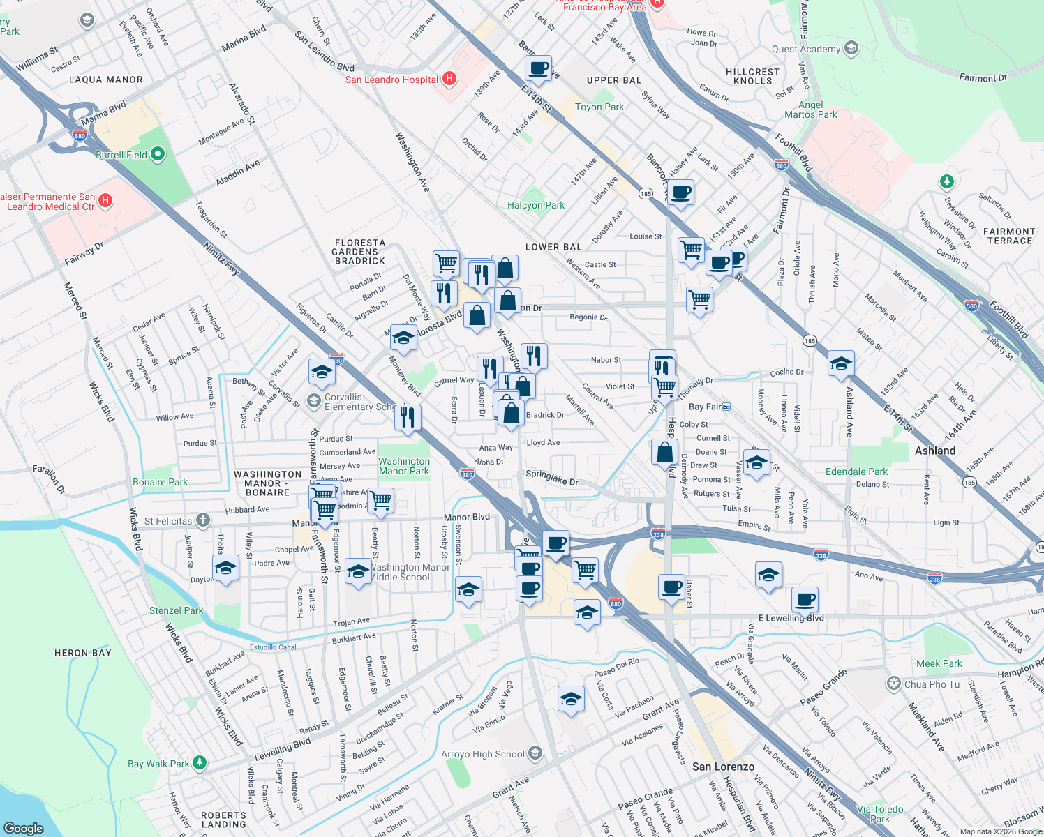 map of restaurants, bars, coffee shops, grocery stores, and more near 14798 Washington Ave in San Leandro
