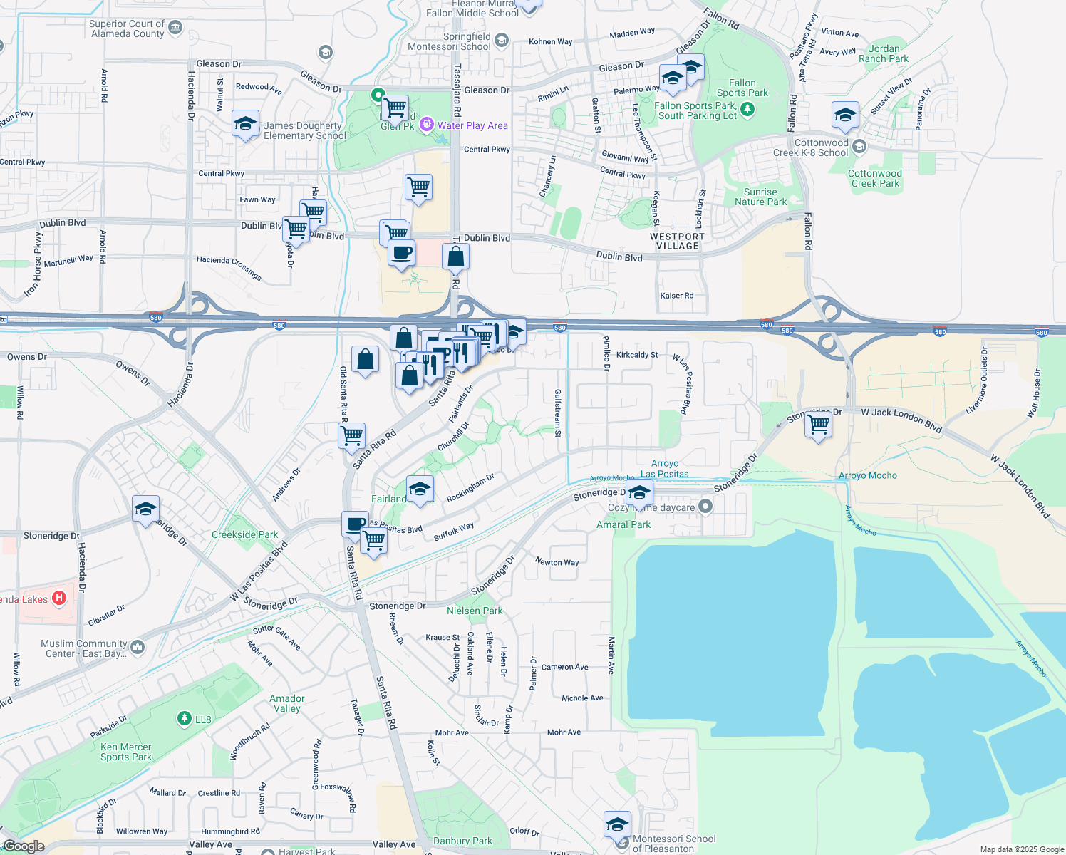 map of restaurants, bars, coffee shops, grocery stores, and more near 3758 Oak Brook Court in Pleasanton