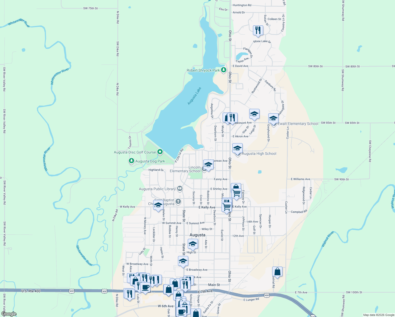 map of restaurants, bars, coffee shops, grocery stores, and more near 1924 Prairie Lane in Augusta