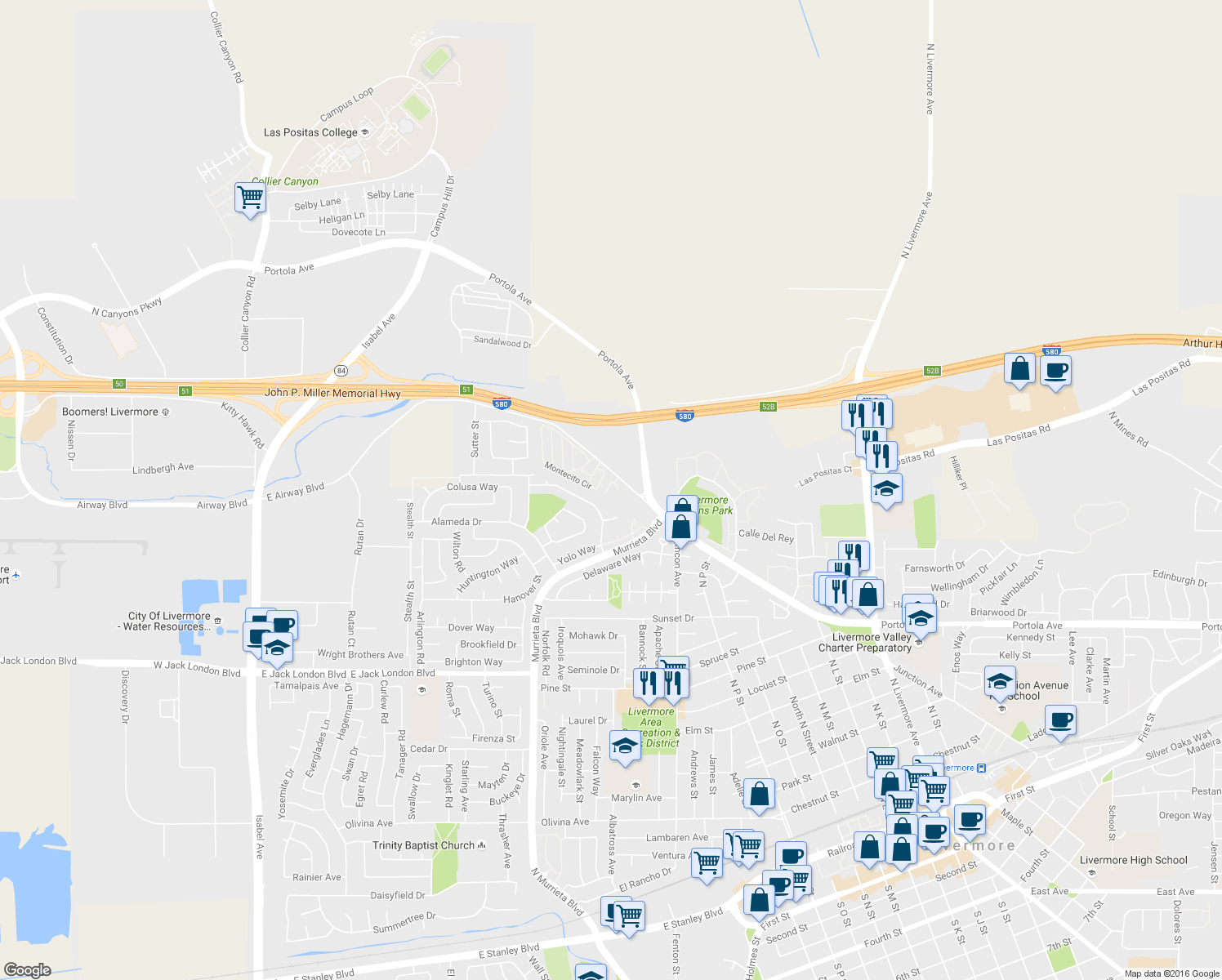 map of restaurants, bars, coffee shops, grocery stores, and more near 889 East Airway Boulevard in Livermore
