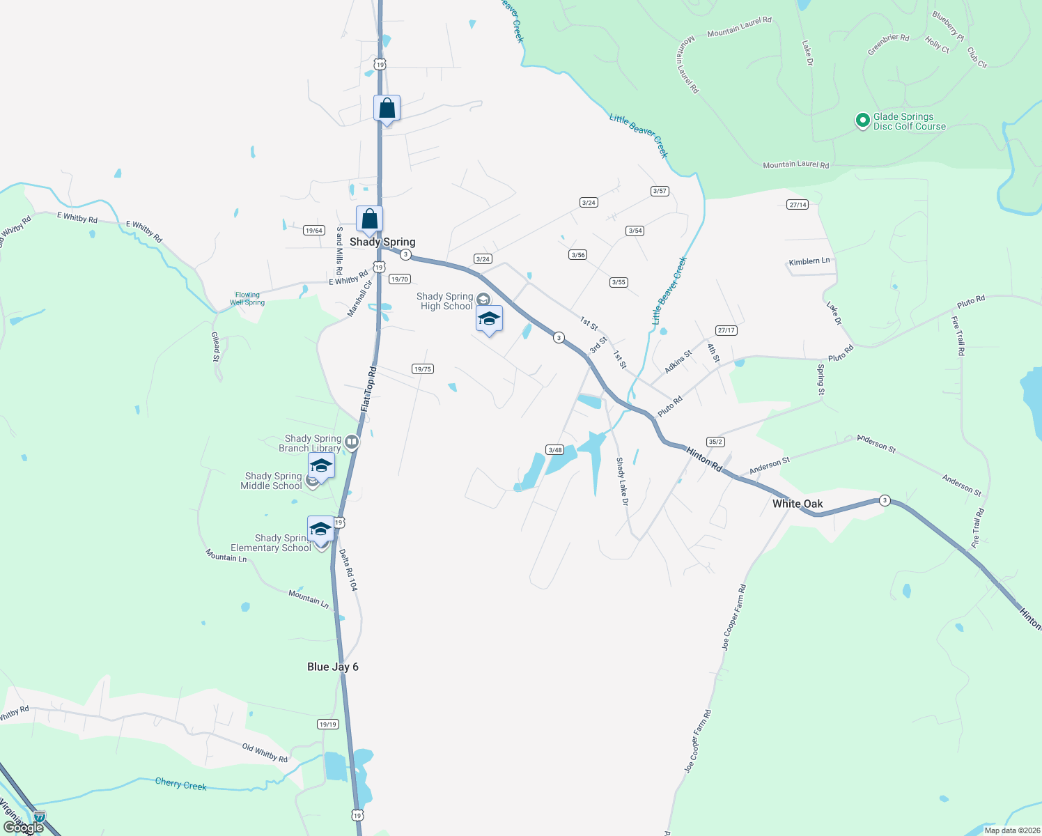 map of restaurants, bars, coffee shops, grocery stores, and more near 199 Oak Ridge Lane in Shady Spring