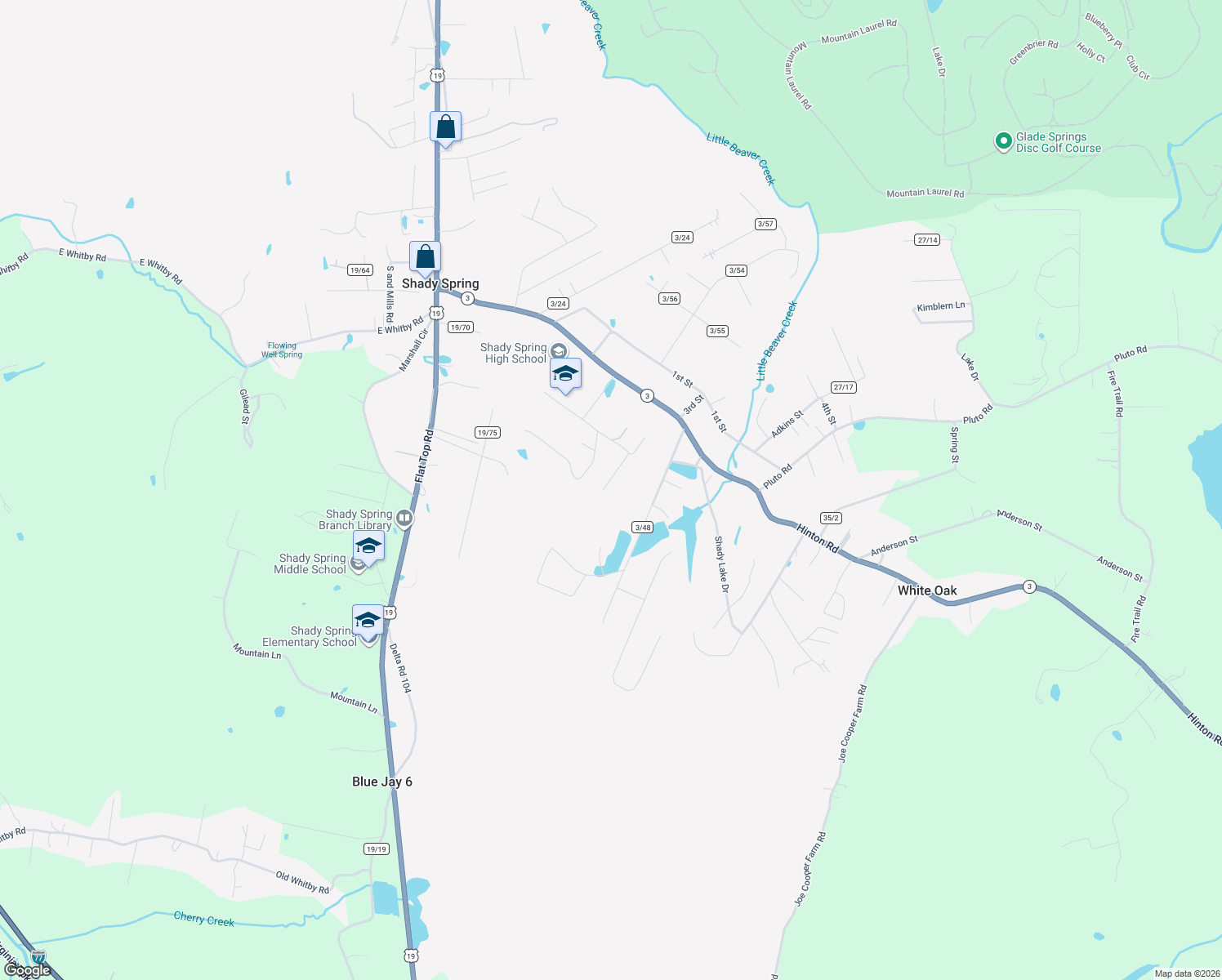 map of restaurants, bars, coffee shops, grocery stores, and more near 199 Oak Ridge Lane in Shady Spring