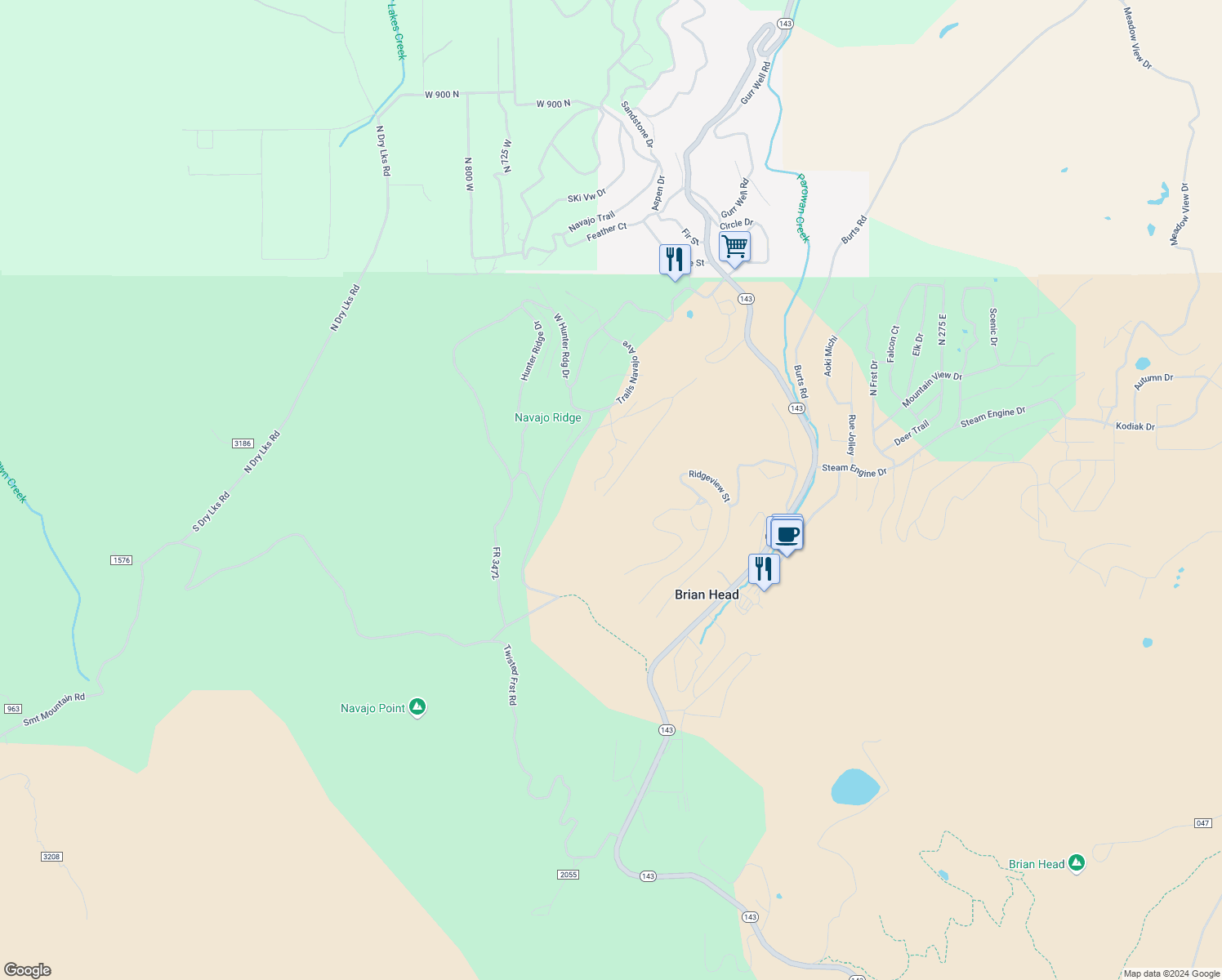 map of restaurants, bars, coffee shops, grocery stores, and more near 36 North Shooting Star Way in Brian Head