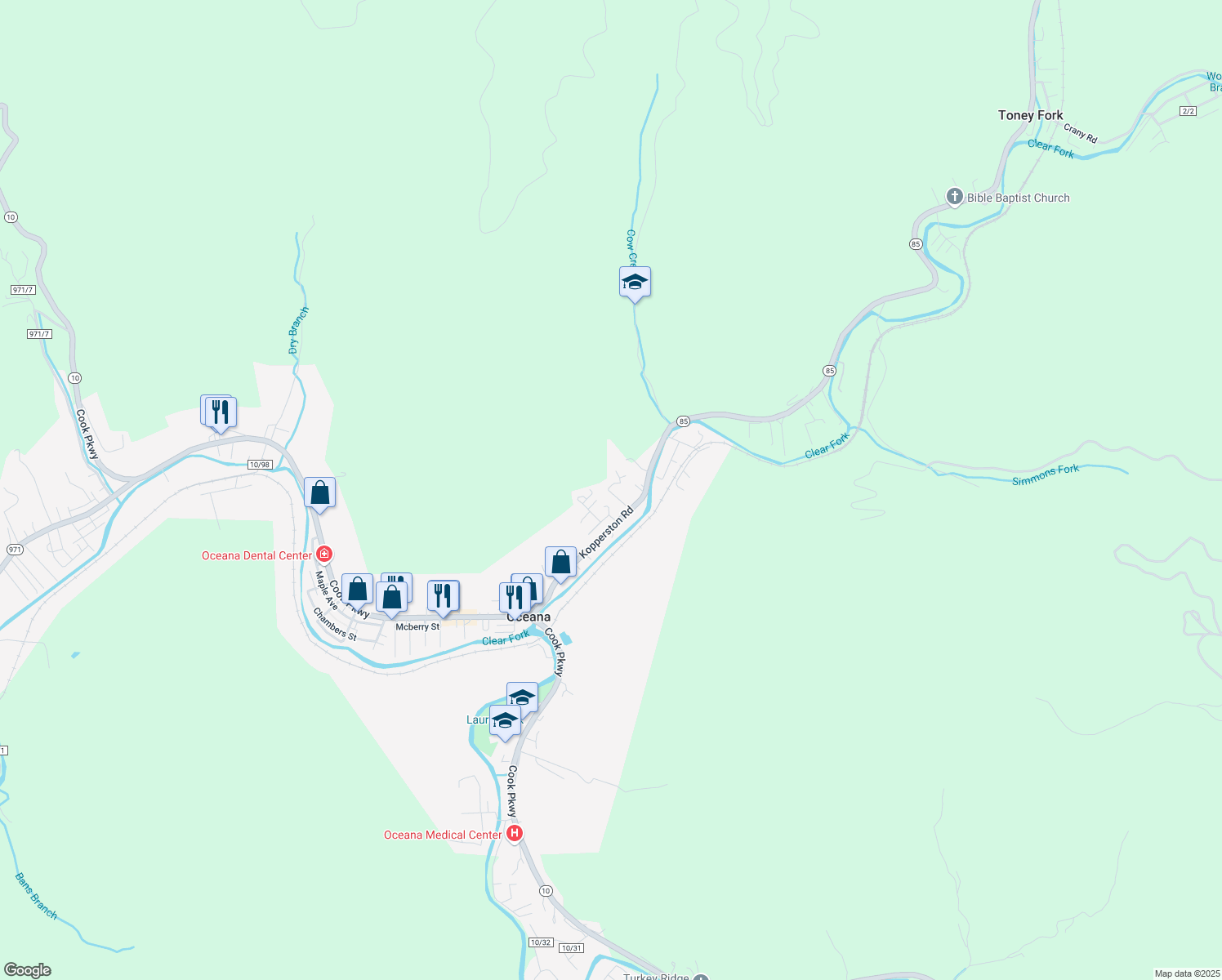 map of restaurants, bars, coffee shops, grocery stores, and more near Pine Street in Oceana