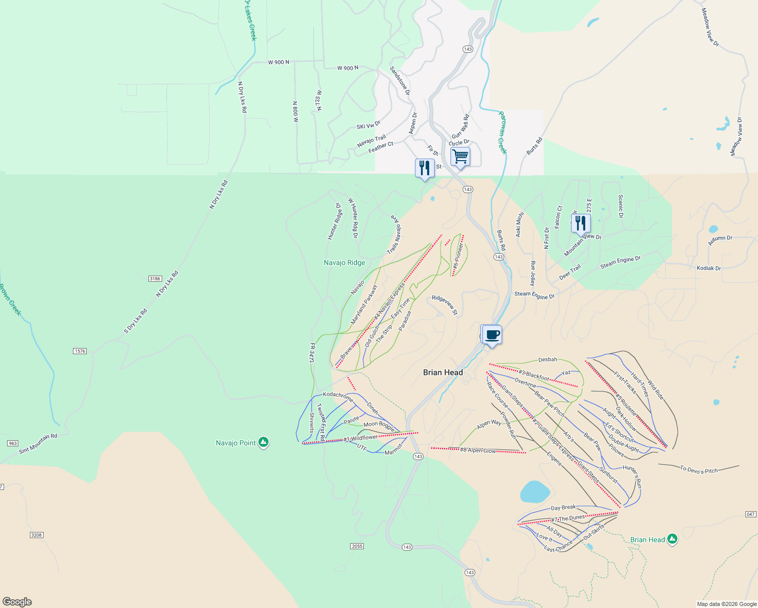 map of restaurants, bars, coffee shops, grocery stores, and more near 36 North Shooting Star Way in Brian Head