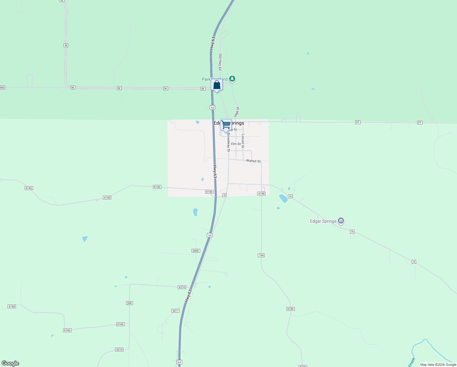 map of restaurants, bars, coffee shops, grocery stores, and more near 861 Broadway St in Edgar Springs