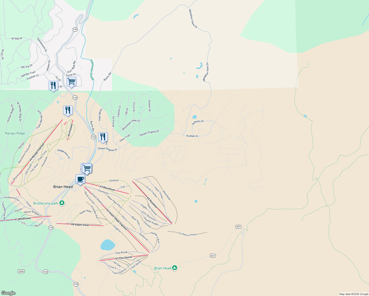 map of restaurants, bars, coffee shops, grocery stores, and more near 674 Park-U-Pine Walk in Brian Head