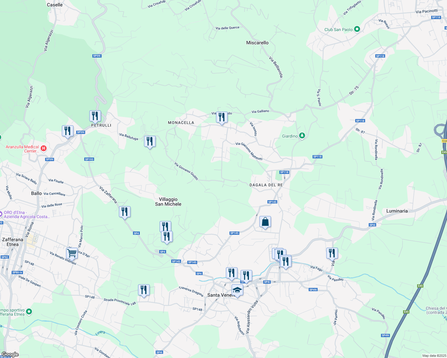 map of restaurants, bars, coffee shops, grocery stores, and more near 20 Traversa Via Giacomo Matteotti in Città metropolitana di Catania