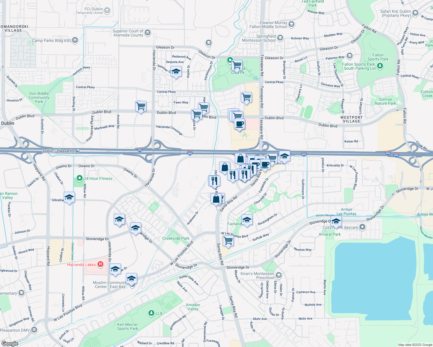 map of restaurants, bars, coffee shops, grocery stores, and more near 3880 Old Santa Rita Road in Pleasanton
