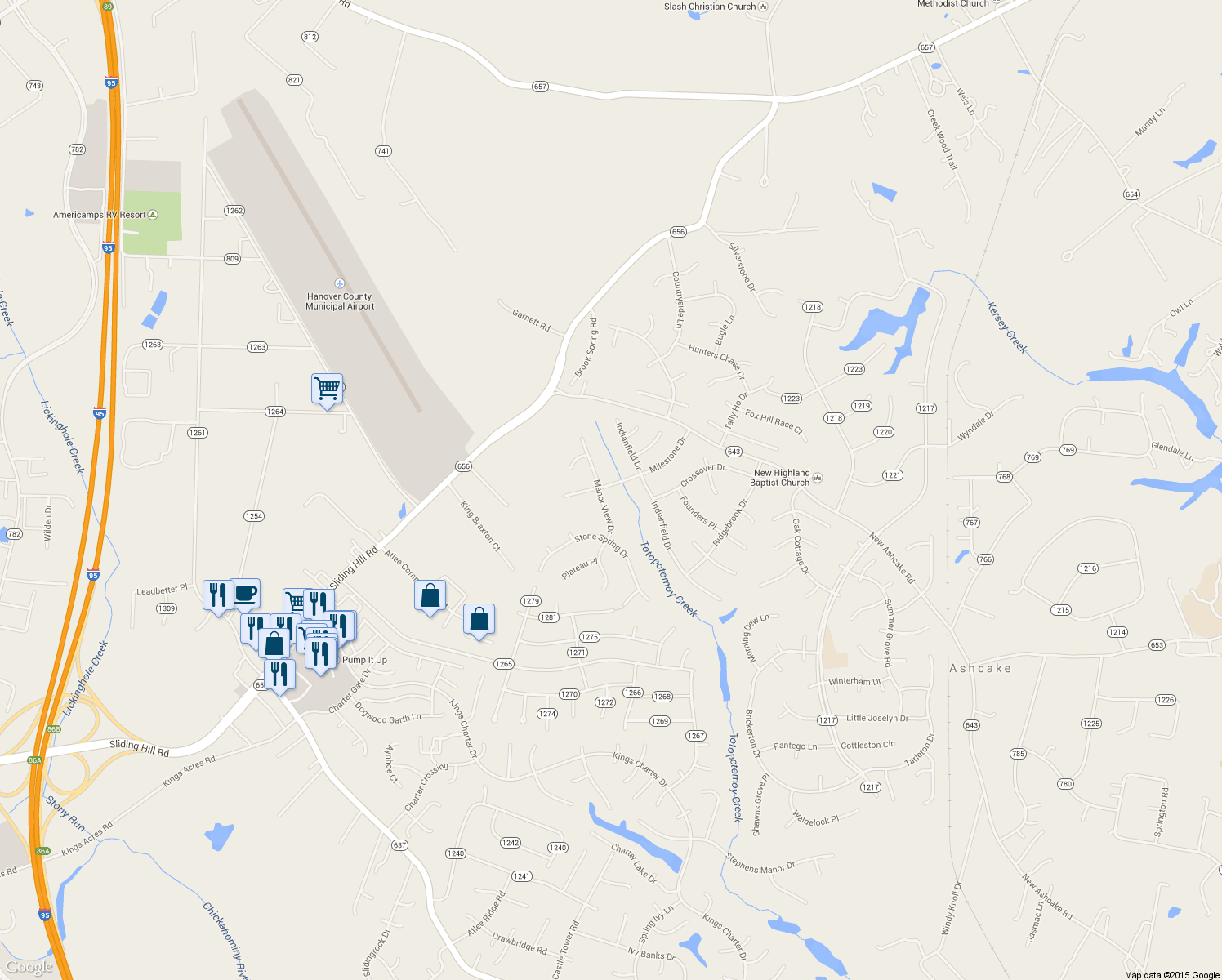 map of restaurants, bars, coffee shops, grocery stores, and more near 11012 Milestone Drive in Mechanicsville