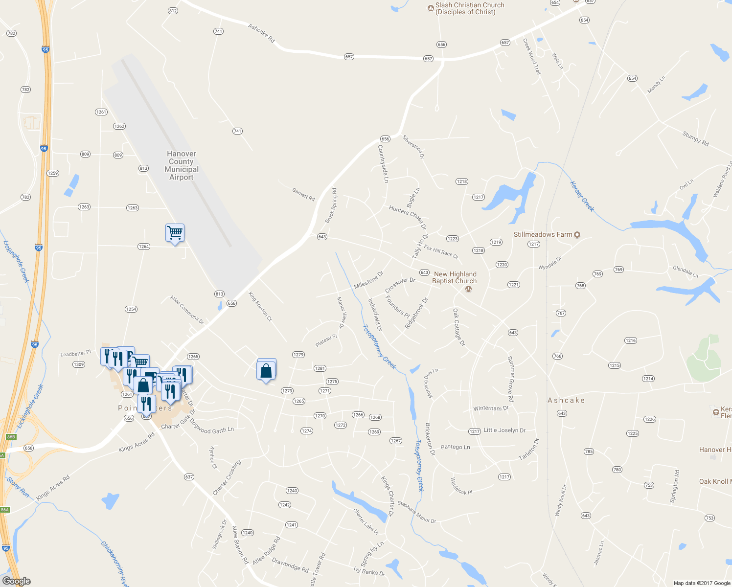 map of restaurants, bars, coffee shops, grocery stores, and more near 9474 Indianfield Drive in Mechanicsville