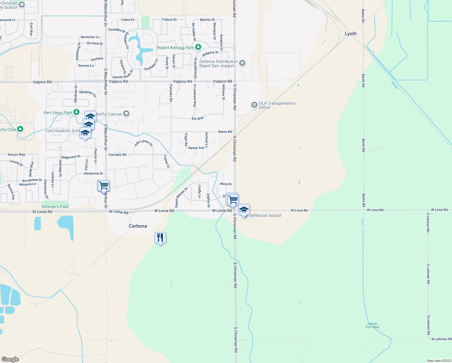map of restaurants, bars, coffee shops, grocery stores, and more near 28154 Alycia Way in Tracy