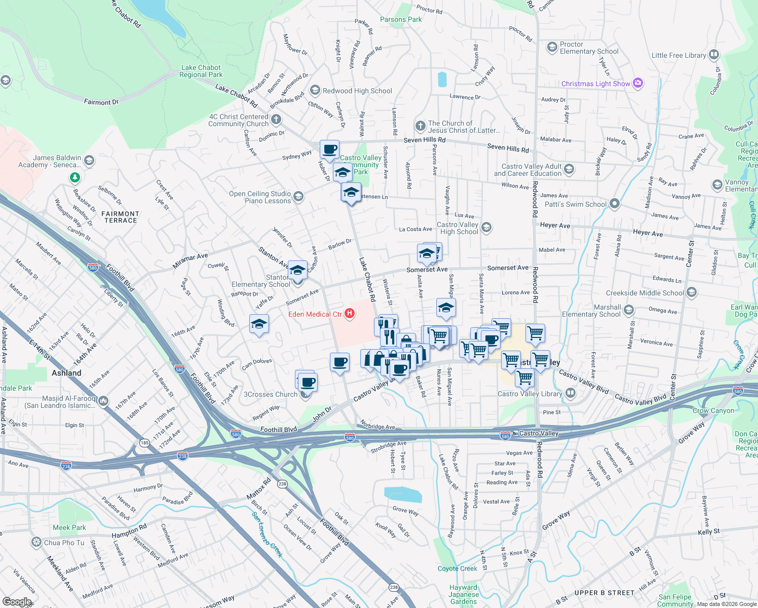 map of restaurants, bars, coffee shops, grocery stores, and more near 19942 Lake Chabot Rd in Castro Valley