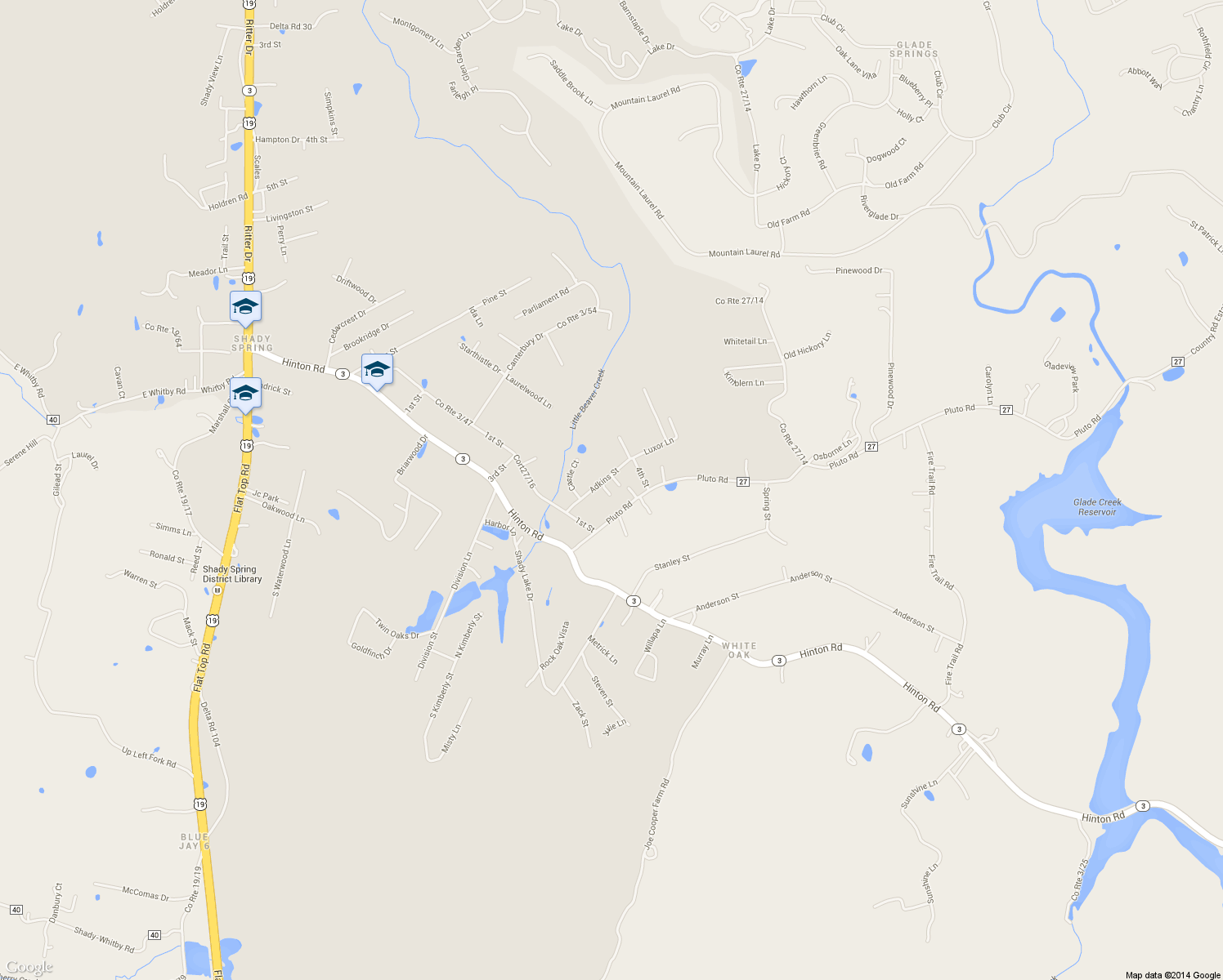 map of restaurants, bars, coffee shops, grocery stores, and more near 115 Rakes St in Shady Spring