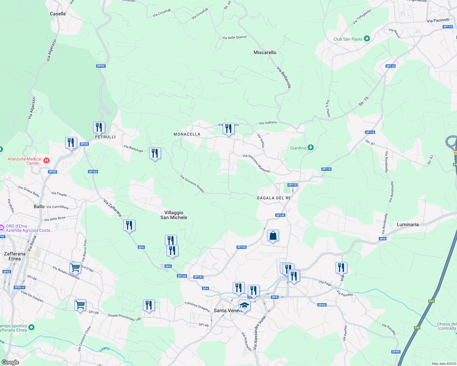 map of restaurants, bars, coffee shops, grocery stores, and more near 20 Traversa Via Giacomo Matteotti in Città metropolitana di Catania