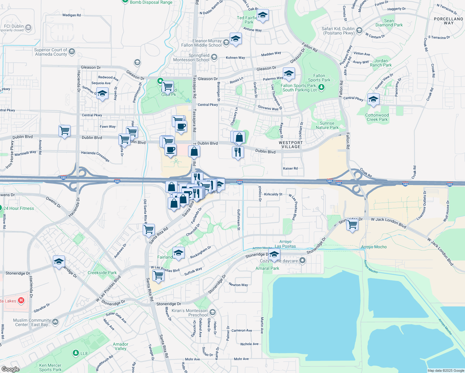 map of restaurants, bars, coffee shops, grocery stores, and more near 3892 Keneland Way in Pleasanton