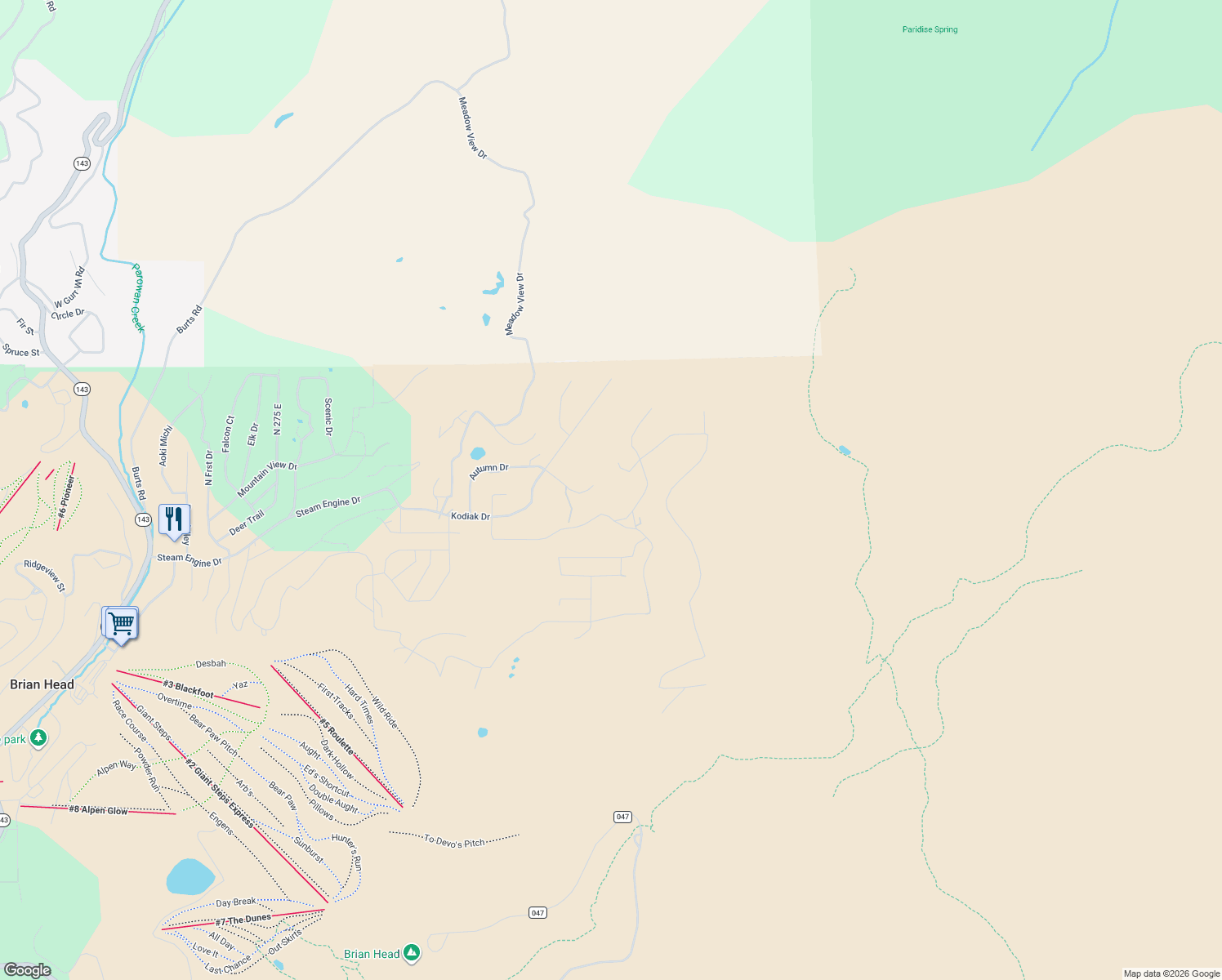 map of restaurants, bars, coffee shops, grocery stores, and more near 1014 Autumn Drive in Brian Head