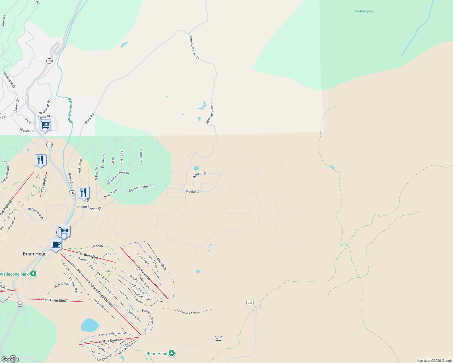 map of restaurants, bars, coffee shops, grocery stores, and more near 926 Autumn Drive in Brian Head