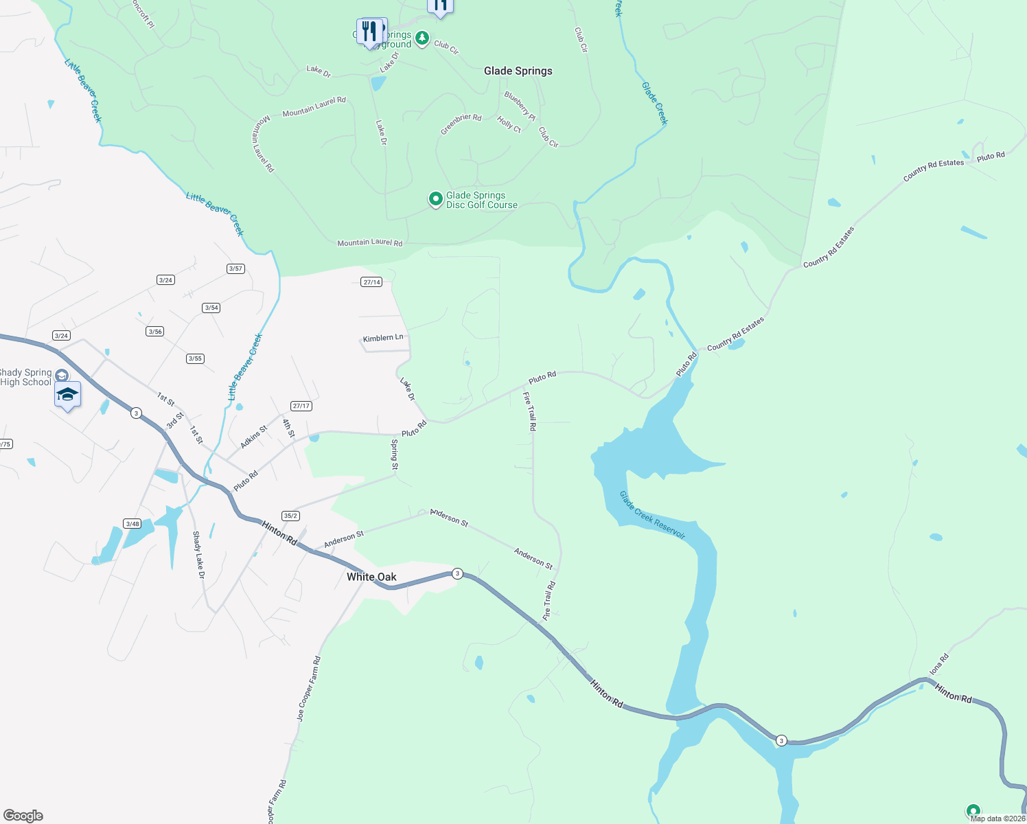 map of restaurants, bars, coffee shops, grocery stores, and more near 634 Pluto Road in Shady Spring