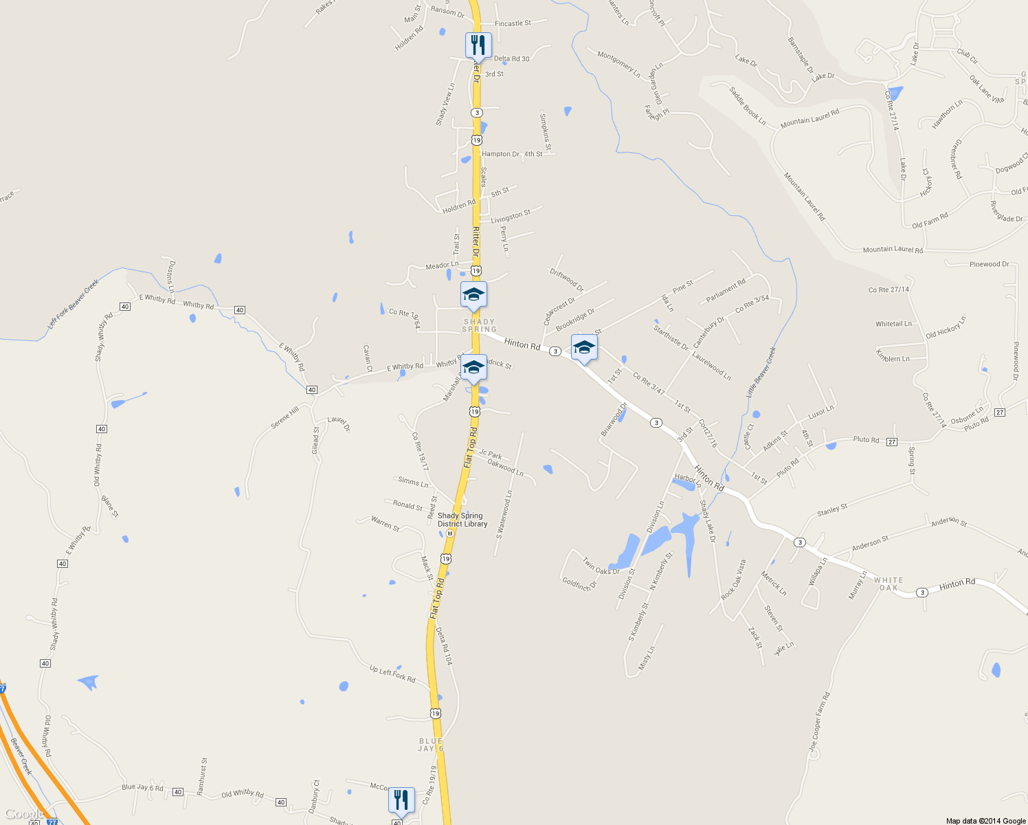 map of restaurants, bars, coffee shops, grocery stores, and more near 221 Flat Top Rd in Shady Spring